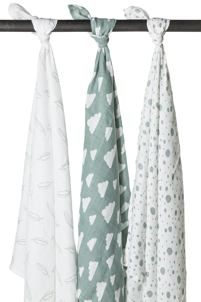 Swaddle 3-pack muslin Clouds/Dots/Feathers - stone green - 120x120cm