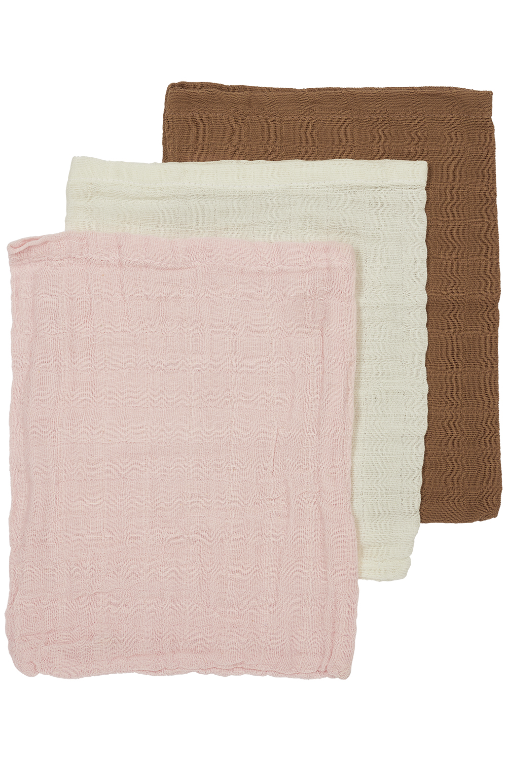 Washcloth 3-pack pre-washed muslin Uni - offwhite/soft pink/toffee - 20x17cm