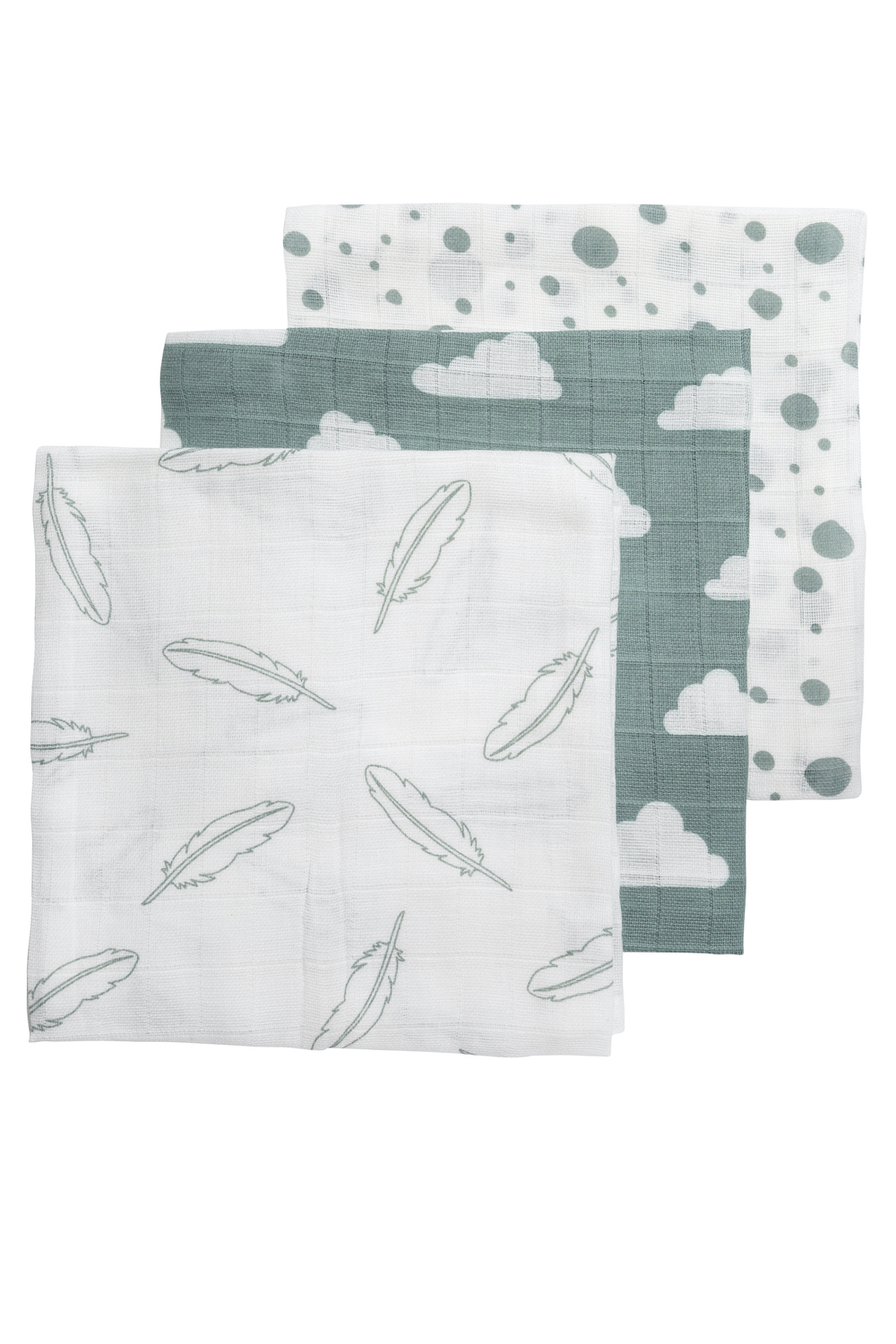 Muslin squares 3-pack Clouds/Dots/Feathers - stone green - 70x70cm