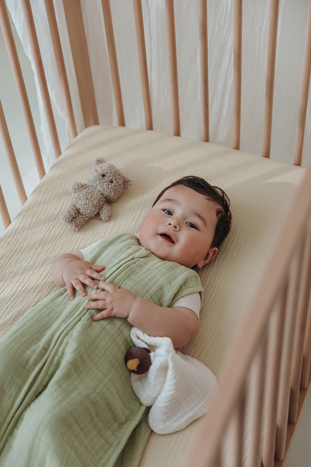 Baby zomerslaapzak pre-washed hydrofiel Uni - soft olive - 110cm - 0.5 TOG