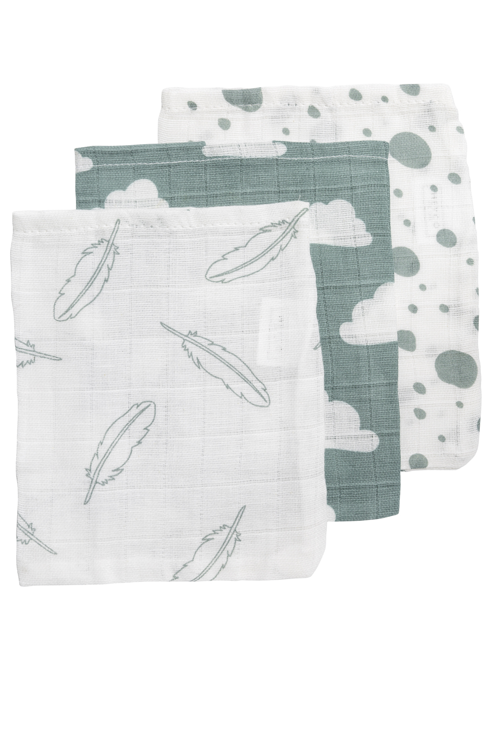 Washcloth 3-pack muslin Clouds/Dots/Feathers - stone green - 20x17cm
