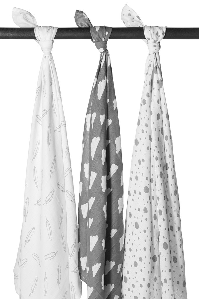 Swaddle 3-pack muslin Clouds/Dots/Feathers - grey - 120x120cm