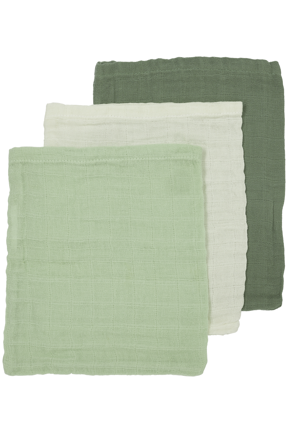 Washcloth 3-pack pre-washed muslin Uni - offwhite/soft green/forest green - 20x17cm