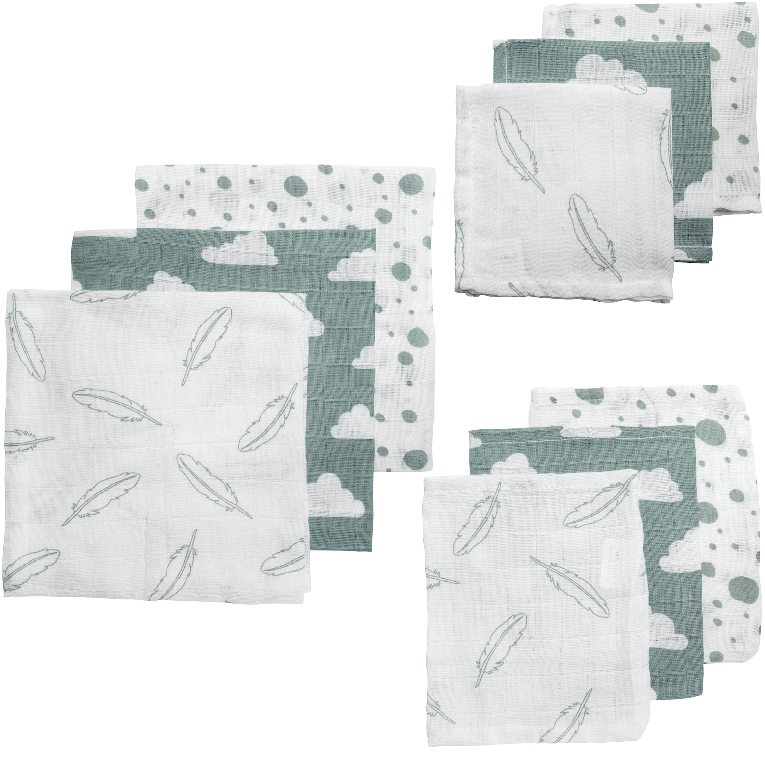 Starter set 9-pack muslin Clouds/Dots/Feathers - stone green