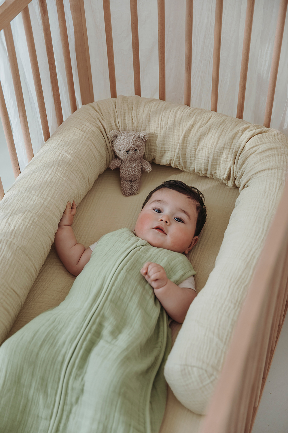 Baby zomerslaapzak pre-washed hydrofiel Uni - soft olive - 110cm - 0.5 TOG