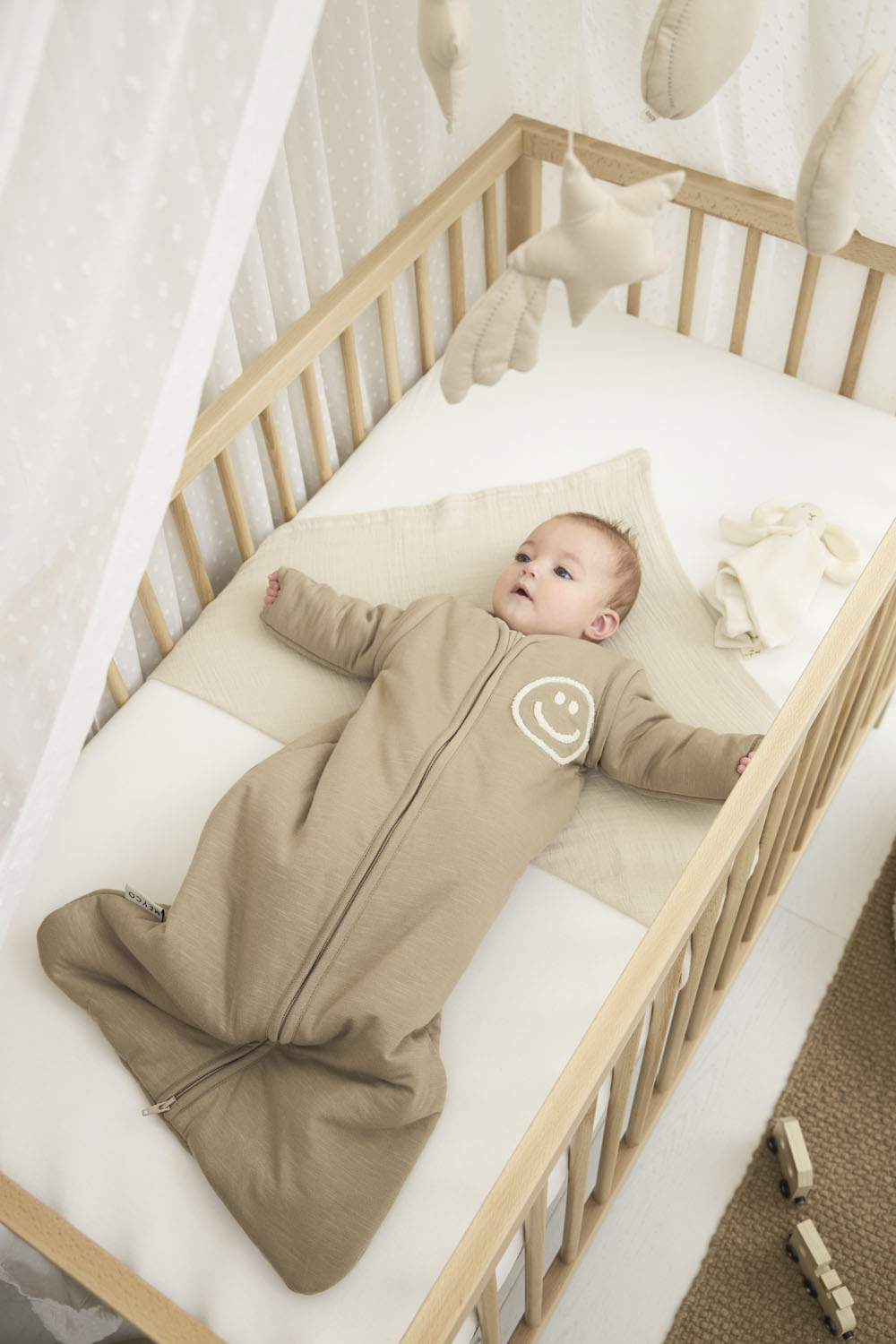 Baby slaapzak met afritsbare mouwen Slub met Smile applicatie - taupe/offwhite - 70cm